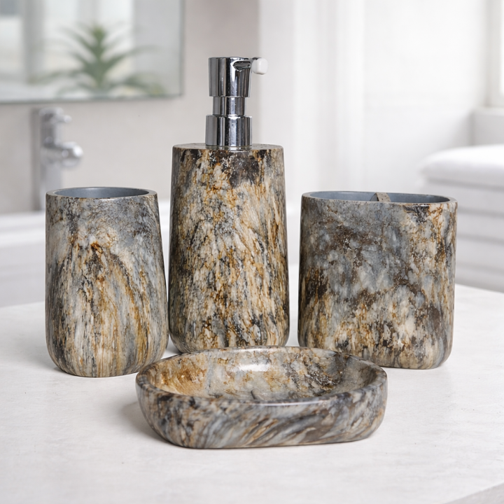 Marble Finish Ceramic Bathroom Accessory Set (4-Piece, Grey & Brown)