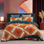 Premium Geometric Print Cotton Bedsheet Set – Orange & Teal (Double Bed)