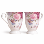 Elegant Floral Ceramic Mug Set (Set of 2) – Rose & Bird Design