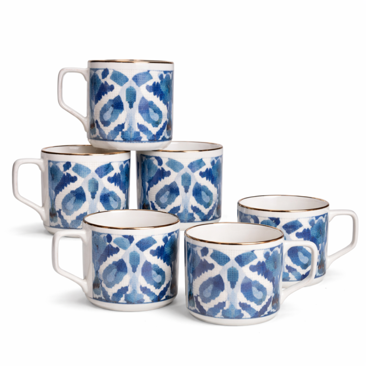 Blue Ikat Pattern Ceramic Mug Set with Gold Rim (6-Piece Set)