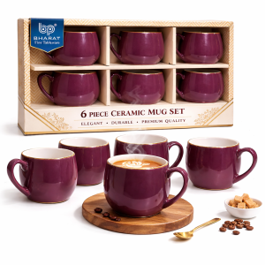 Bharat Fine Tableware Purple Ceramic Mug Set with Gold Rim (6-Piece Set)