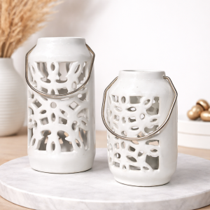 Elegant White Ceramic Cutwork Lantern Set (Set of 2)