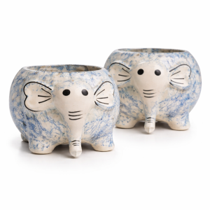 Blue Speckled Ceramic Elephant Planter Set (Set of 2)