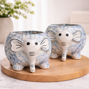 Blue Speckled Ceramic Elephant Planter Set (Set of 2)
