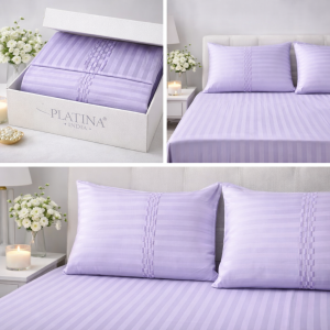 Platina Premium Lavender Satin Stripe Bedsheet Set – Luxury Soft Double Bed Bedsheet with Pillow Covers