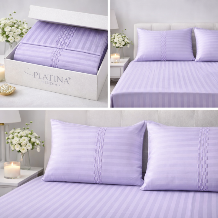 Platina Premium Lavender Satin Stripe Bedsheet Set – Luxury Soft Double Bed Bedsheet with Pillow Covers